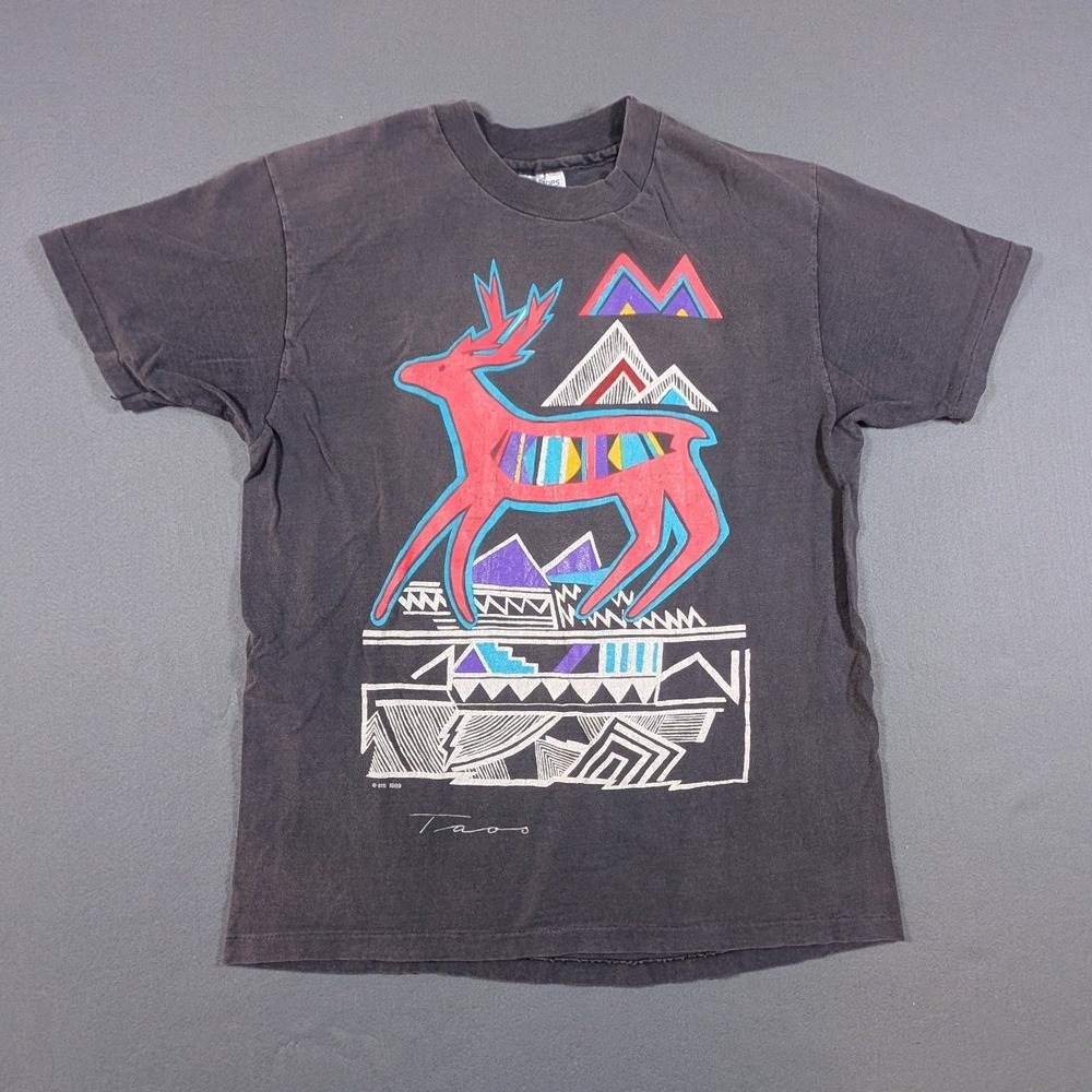 Vintage 1989 Taos Southwestern Deer Graphic Hanes Beefy Tee Mens Large Black Tee